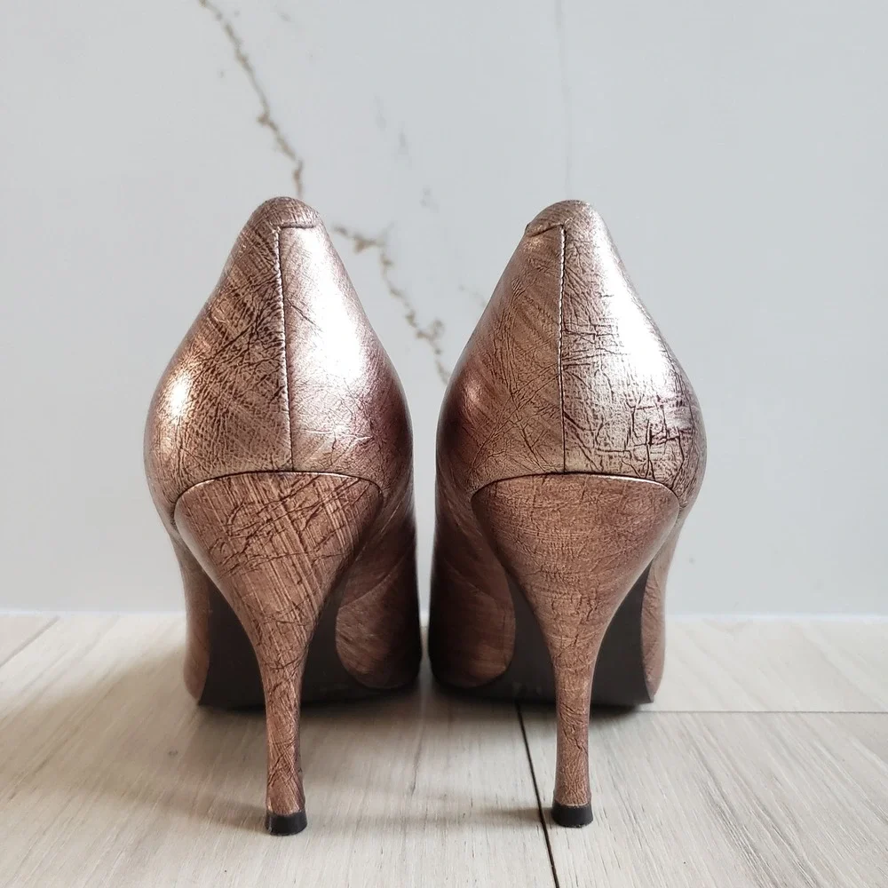 BCBGeneration Heels Womens 7 Bronze Metallic Ariel Peep Toe Leather Stiletto Y2K
